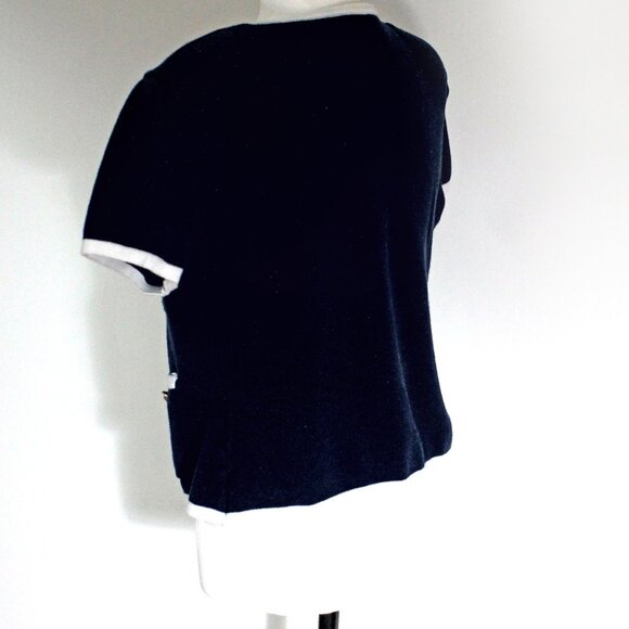 PORTS Navy Blue Cardigan Short Sleeve 100% Cotton Sweater Gold Button Size M - Picture 4 of 7